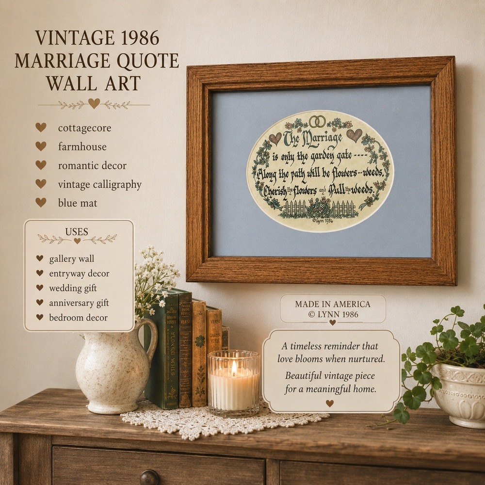 Vintage 1986 Framed Marriage Calligraphy Wall Art Brown Wood Wedding Decor Gift